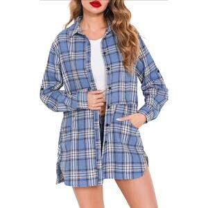 NWT HT HOTOUCH Women's M Plaid Button Down Shirt Long Sleeve Tunic Top Blue